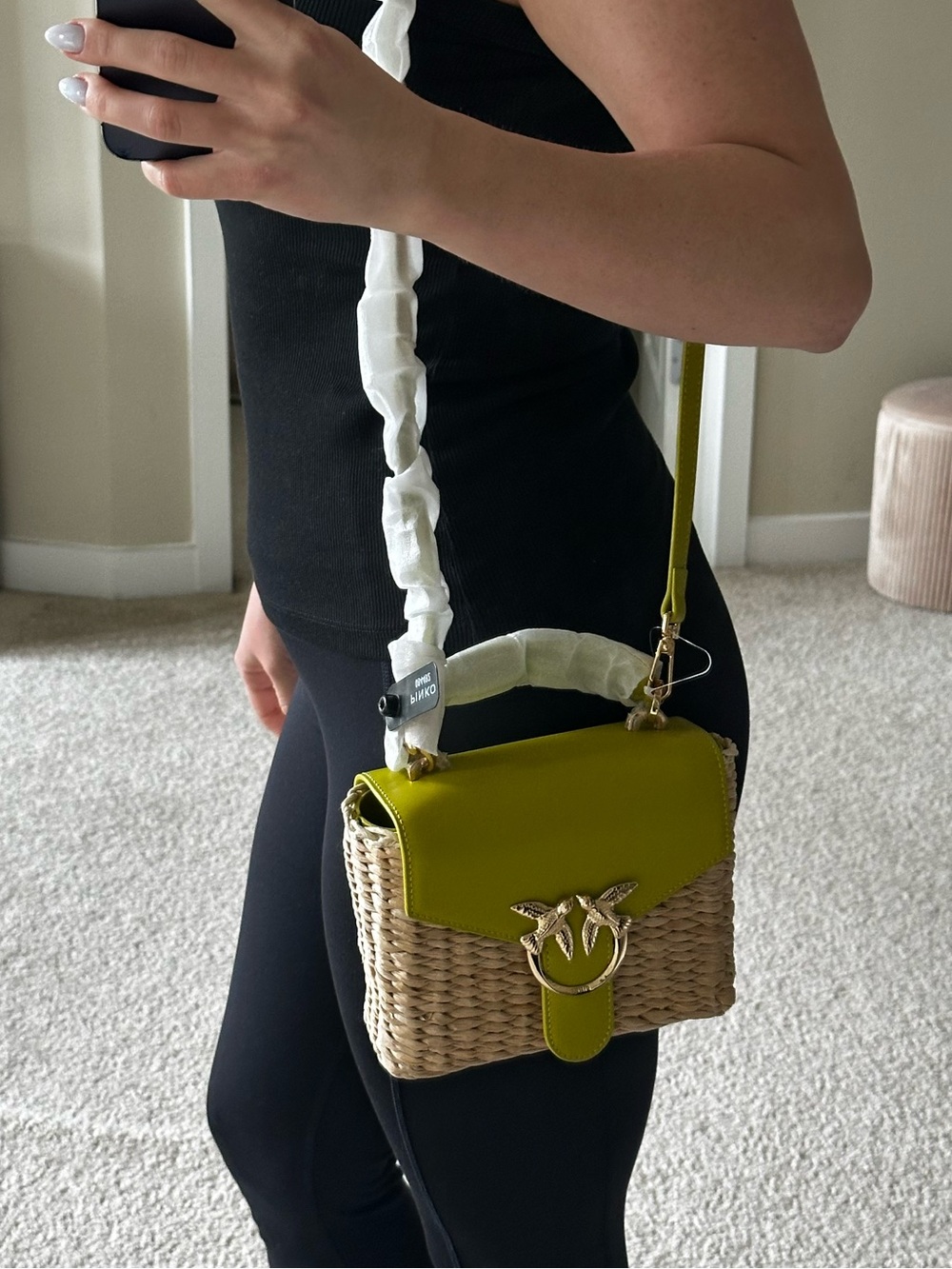 Pinko Lime Green Leather & Woven Shoulder Bag - Picture 2 of 8